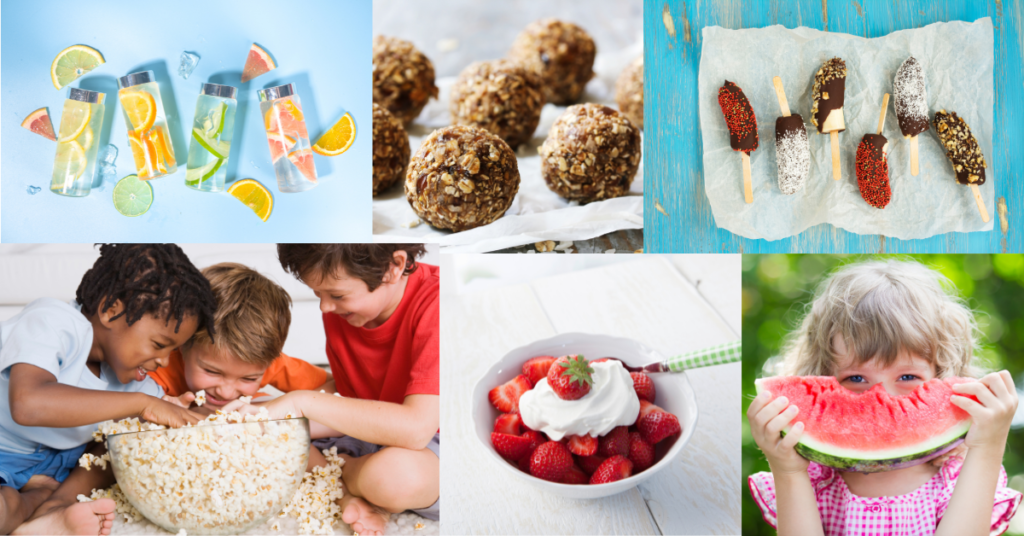 collage image of healthy snacks for kids. Infused water, energy bites, frozen banana popsicles, kids eating from a popcorn bowl, berries in a bowl topped with whipped cream, a girl hiding behind a giant watermelon slice