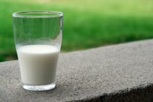 A clear glass of milk resting on a stone ledge with a blurred green background, outdoors.