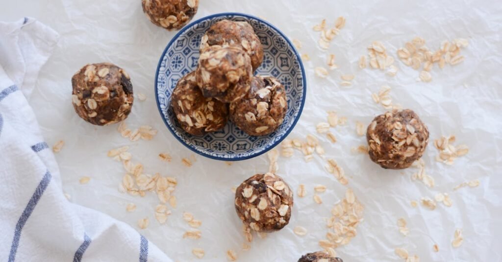 Top view of wholesome oatmeal energy bites on a plate. Perfect healthy snack option.